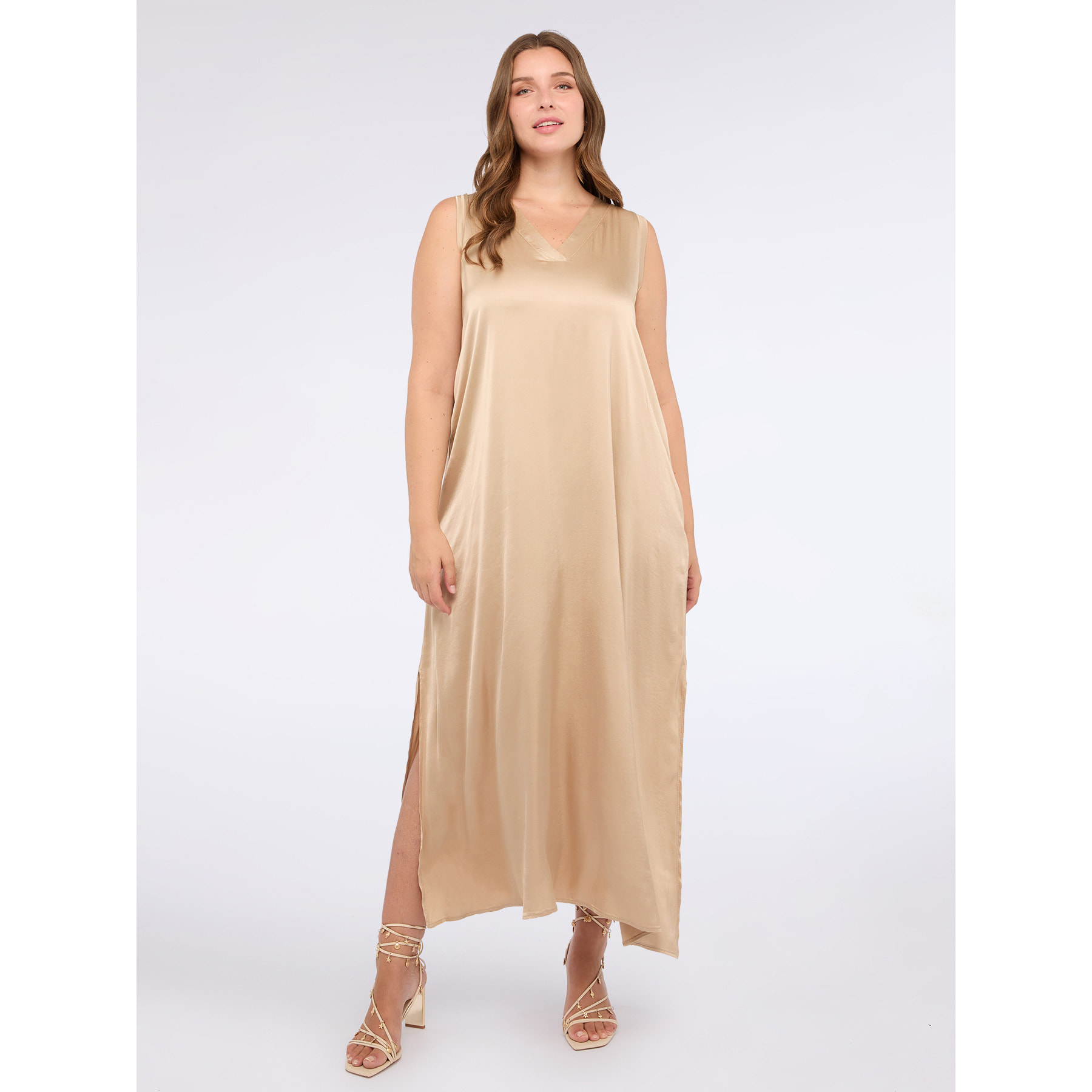 Fiorella Rubino - Vestido largo de satén elástico con escote en V - Oro