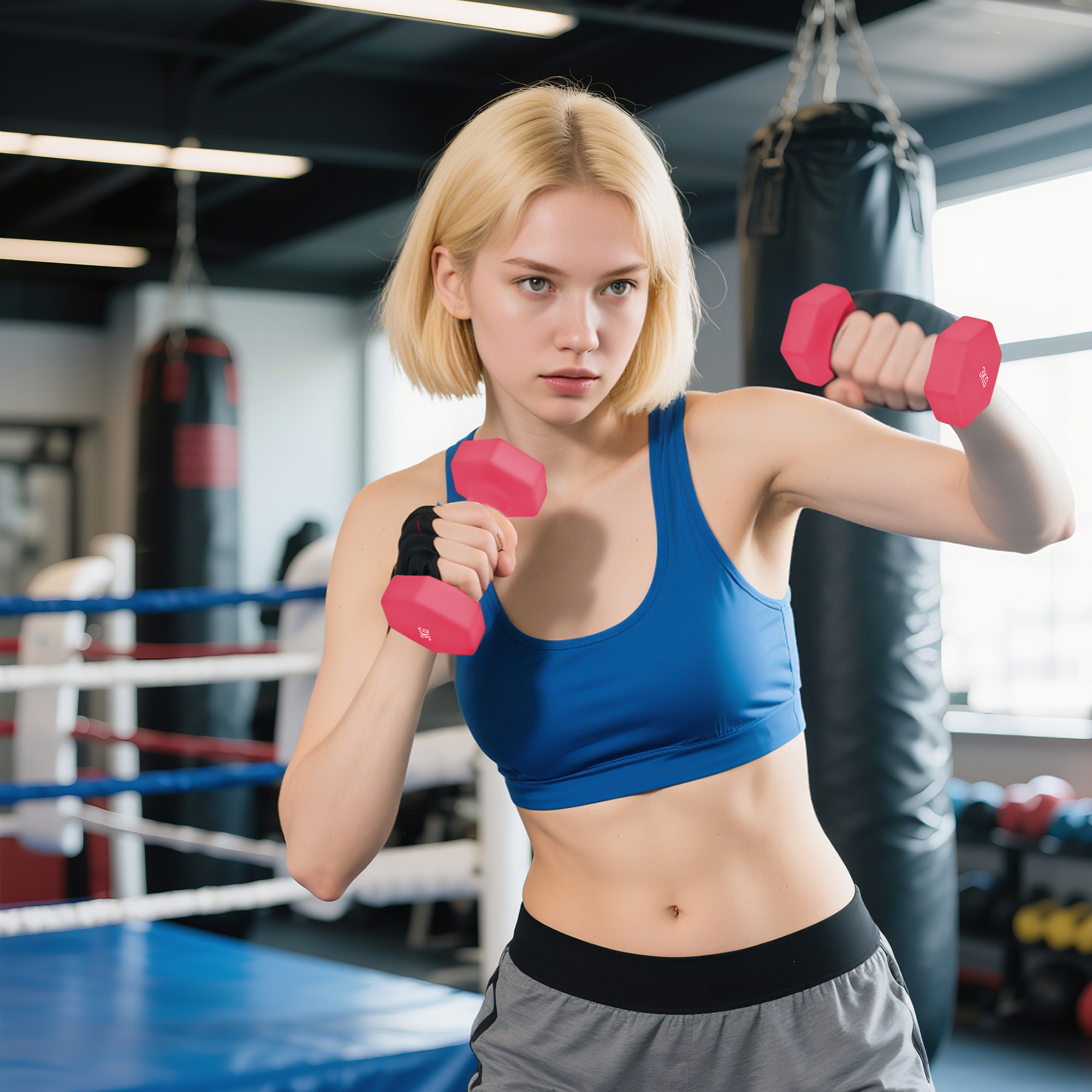 Support noir pour 6 haltères vinyles - 6 haltères incluses total 18 Kg - noir rose bleu violet