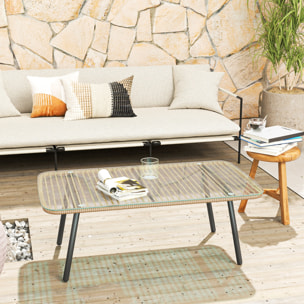 Table basse de jardin style Acapulco piètement incliné acier noir résine filée effet naturel plateau verre trempé