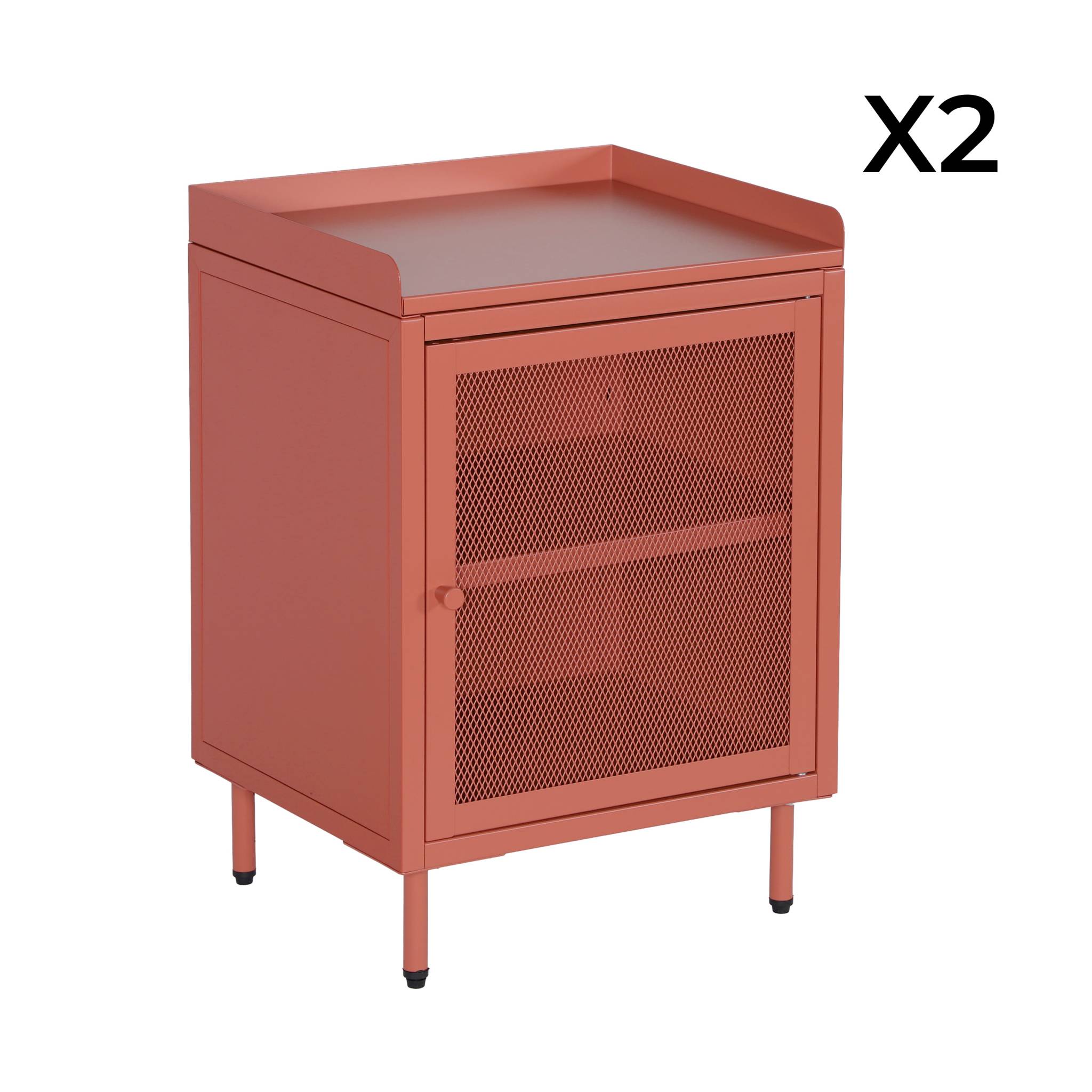 Lot de 2 tables de chevet industrielles métal terracotta 1 porte grillagée. 40 x 37 x 58.5 cm - Ohio