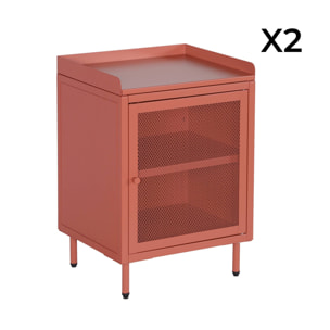 Lot de 2 tables de chevet industrielles métal terracotta 1 porte grillagée. 40 x 37 x 58.5 cm - Ohio