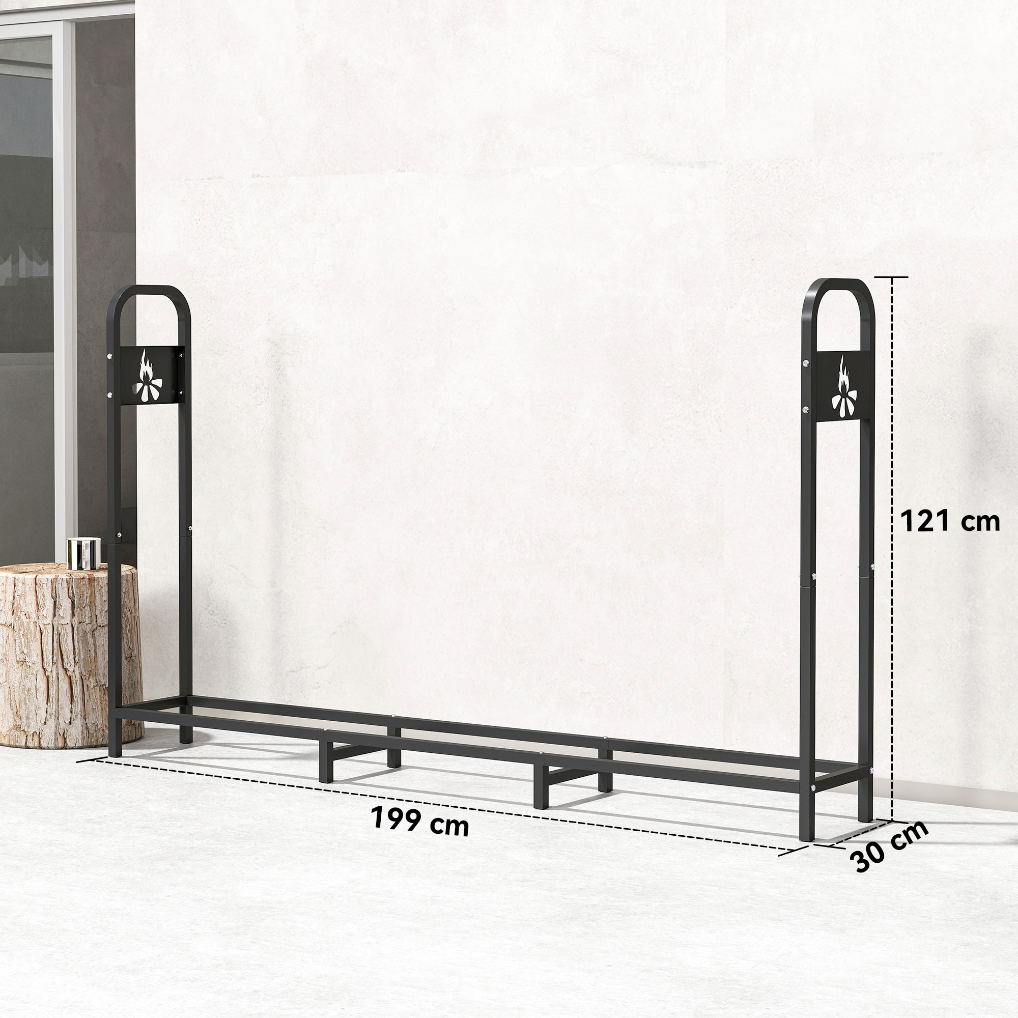 Estante de Leña Metálico, 199x30x121 cm, Leñero Exterior con Marco de Acero, Patas Extra Reforzadas y Diseño Recortado de Fogata, Soporte para Leña de Chimenea, Carga 300 kg, para Jardín