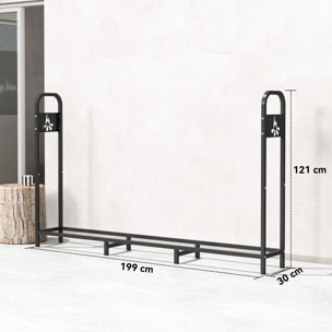 Estante de Leña Metálico, 199x30x121 cm, Leñero Exterior con Marco de Acero, Patas Extra Reforzadas y Diseño Recortado de Fogata, Soporte para Leña de Chimenea, Carga 300 kg, para Jardín