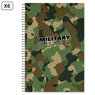 PACK 6 UNIDADES CUADERNO ESPIRAL Fº 80 HOJAS 90 g/m² DISEÑO MILITARY GUARD
