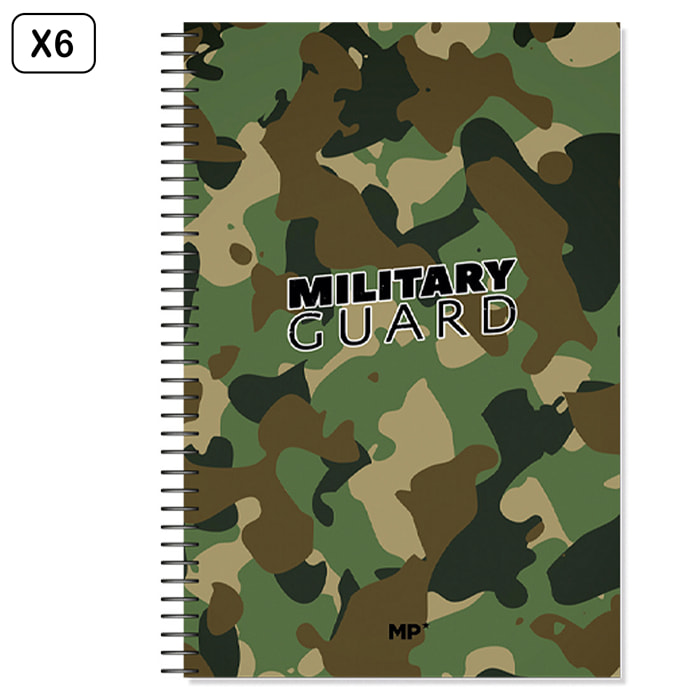 PACK 6 UNIDADES CUADERNO ESPIRAL Fº 80 HOJAS 90 g/m² DISEÑO MILITARY GUARD