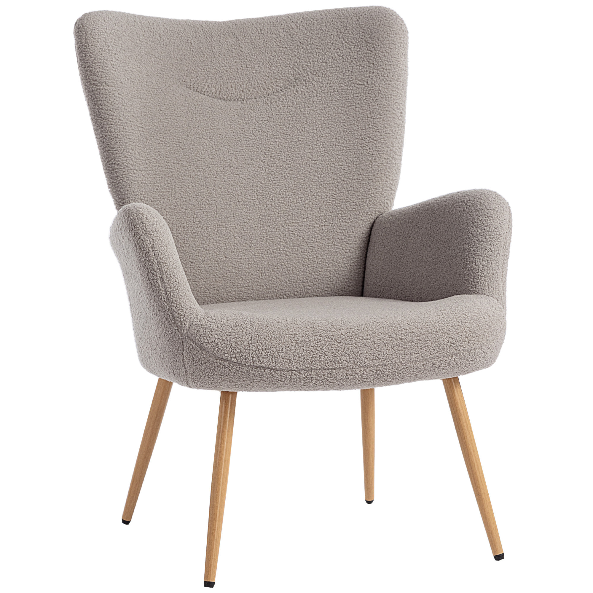 Fauteuil bouclette design à oreilles piètement métal effet bois gris