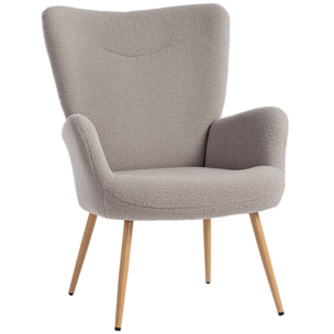 Fauteuil bouclette design à oreilles piètement métal effet bois gris