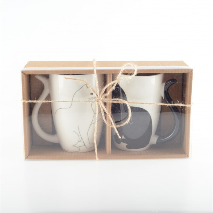 TASSES CHAT NOIR ET BLANC AVEC ANSE EN FORME DE QUEUE - LOT DE 2