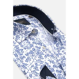 Camicia Uomo 1 Bottone Francese Slim Lino Cotone Stampato Bianco e Blu
