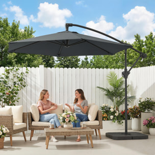 Parasol déporté 3 m avec pied en croix et dalles lestage, parasol de jardin extérieur avec manivelle et loquet de verrouillage, toile polyester 180 g/m², protection UV 30+, gris foncé