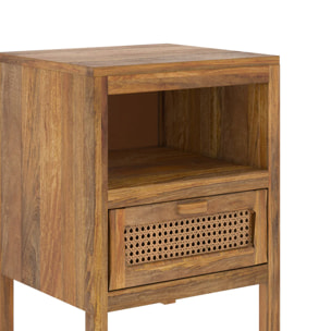 Table de chevet en cannage et bois, 1 tiroir et 1 niche - Tiki