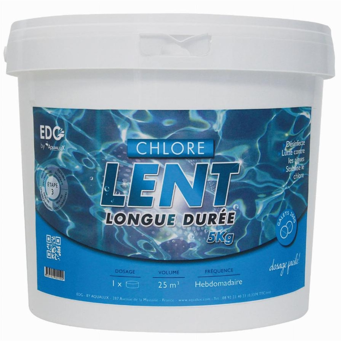 Chlore lent, galets 250gr, seau de 5KG, EDG, non comburant - AQUALUX - 107622