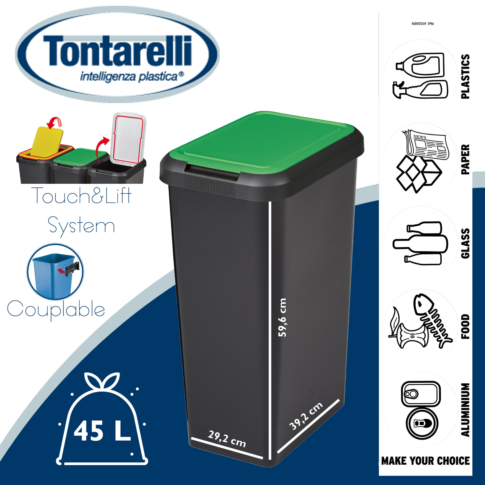 Papelera Touch&lift 45 litros color negro con tapa verde