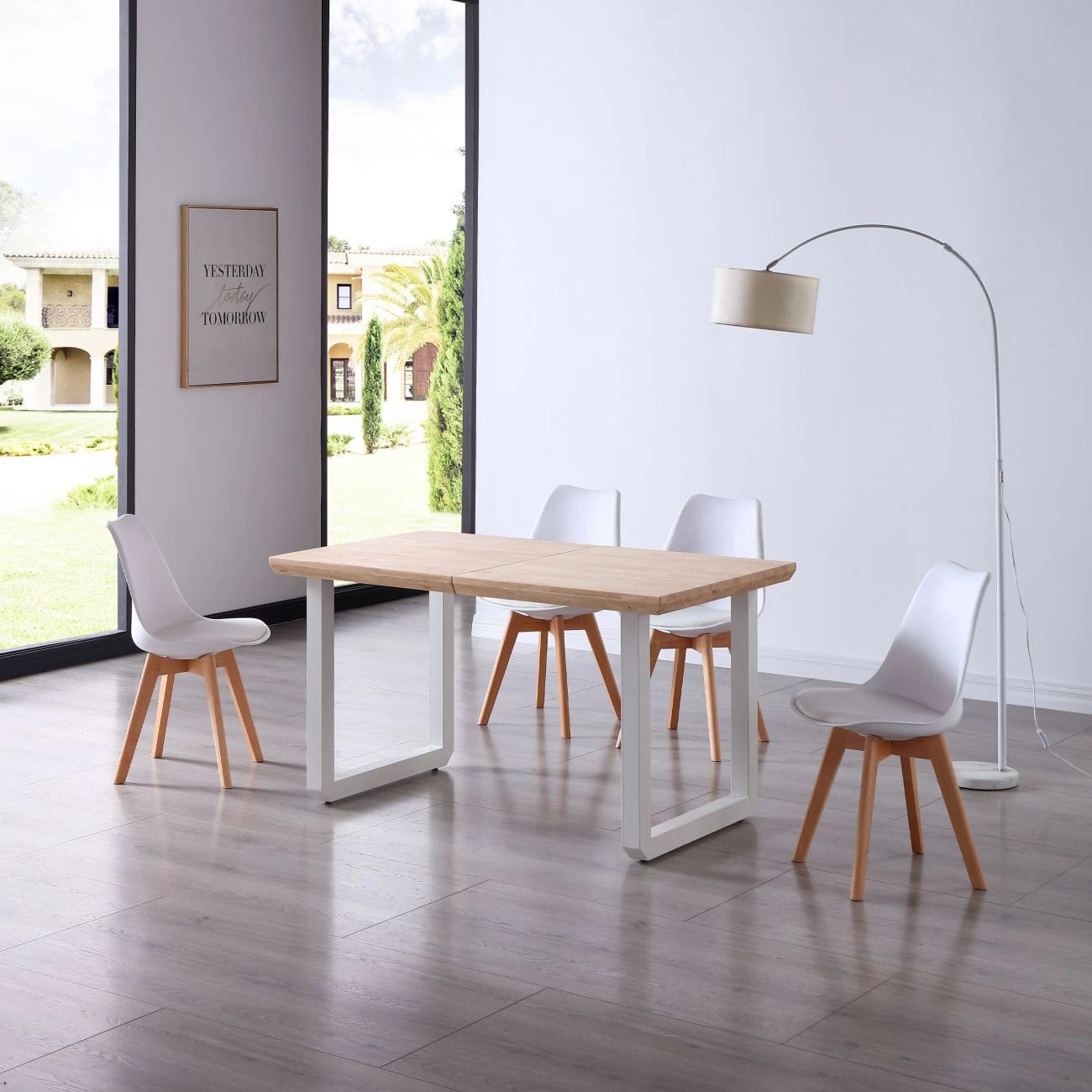 Mesa de comedor extensible con patas metálicas en blanco y roble 140-220x80cm Roma Roble - Blanco
