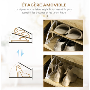 Armoire meuble à chaussures multi-rangement 2 abattants double niveau 2 tiroirs aspect chêne clair