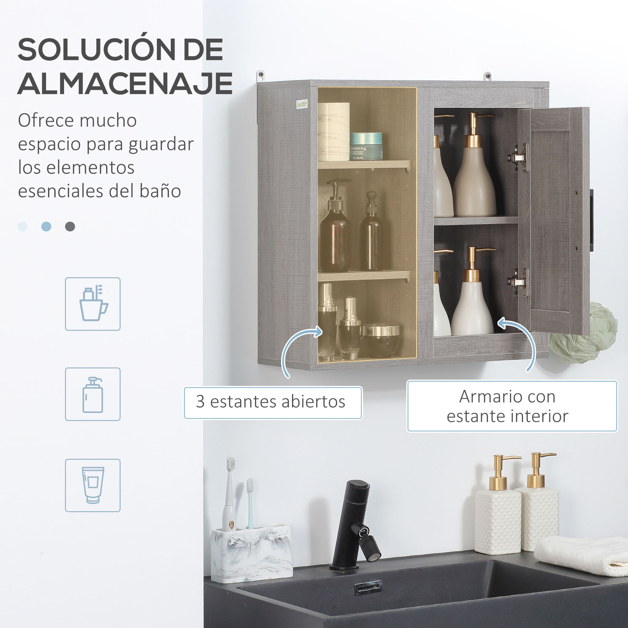 Armario de Baño de Pared con 3 Estantes Abiertos y 1 Puerta Mueble Auxiliar Suspendido para Salón Aseo Dormitorio Estilo Moderno 48x20x50 cm Gris