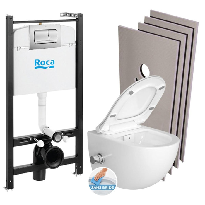 Pack Bâti-support Roca Active + WC sans bride avec fonction bidet et fixations invisibles + plaque chrome mat + Set d'habillage