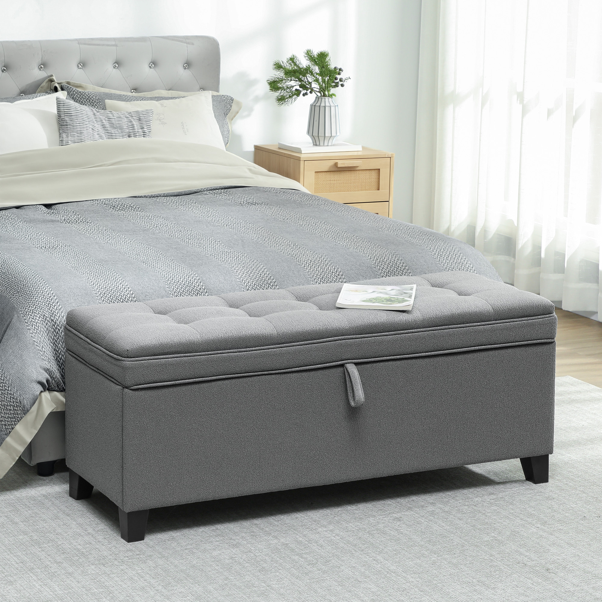 Banquette bout de lit coffre design Chesterfield dim. 120 x 40 x 48 cm tissu gris
