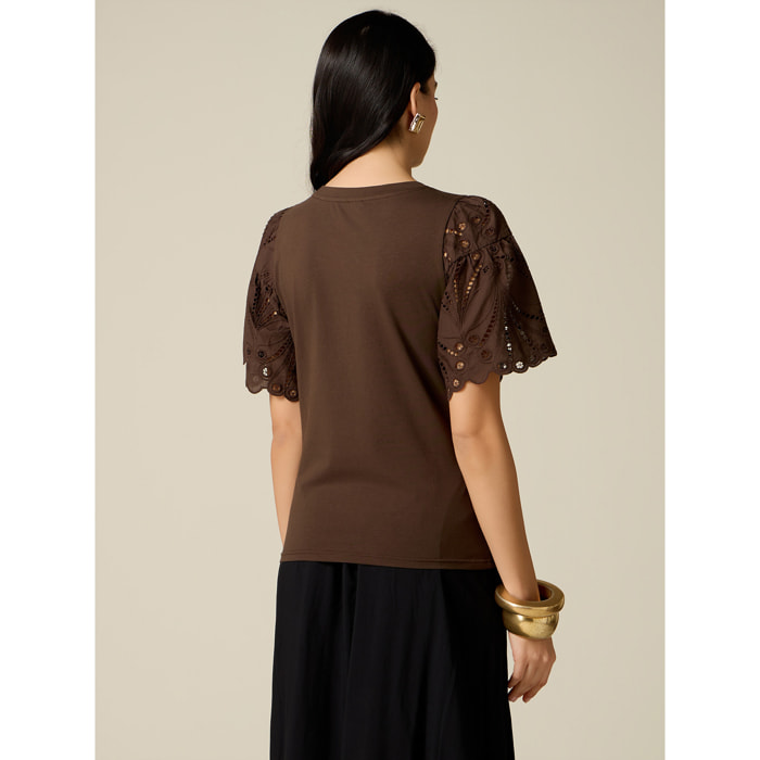 Oltre - T-shirt con maniche in sangallo - Marrone