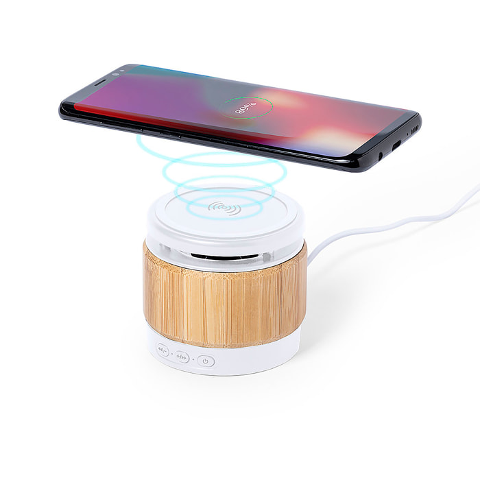 Altoparlante caricabatterie wireless Nature Bamboo da 5 W. Connessione Bluetooth. Potenza sonora 3W. Batteria da 400 mAh