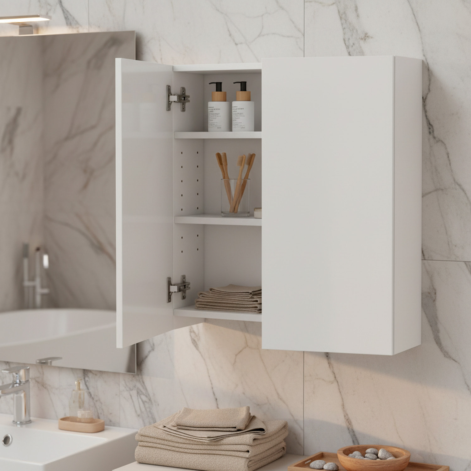 Mobile Pensile Da Bagno Sospeso Con 2 Ante Battenti E Ripiani Interni Armadietto In Melaminico Salvaspazio Per Bagno 60 x 60 x 16 Cm Bianco Lucido