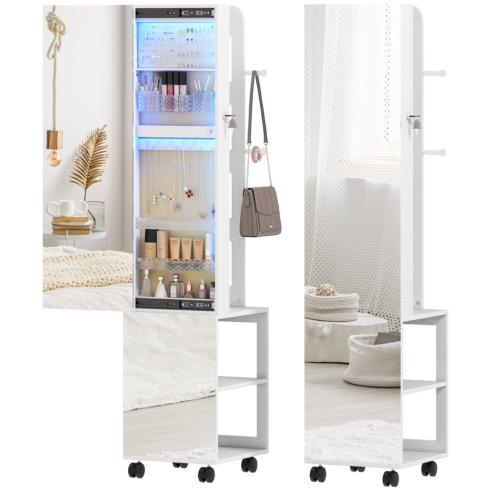 Espejo Joyero con Luces LED, Armario para Joyas de Giro de 360°, Armario Joyero de Pie con Espejo Entero, Cerradura y Llaves, Compartimentos, Superficie Blanco y Forro Beige