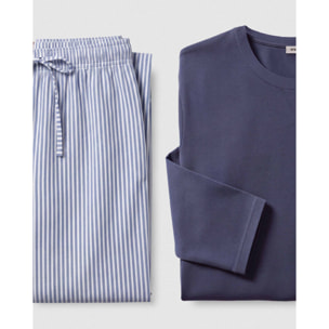 Pigiama lungo in cotone a righe oxford blu