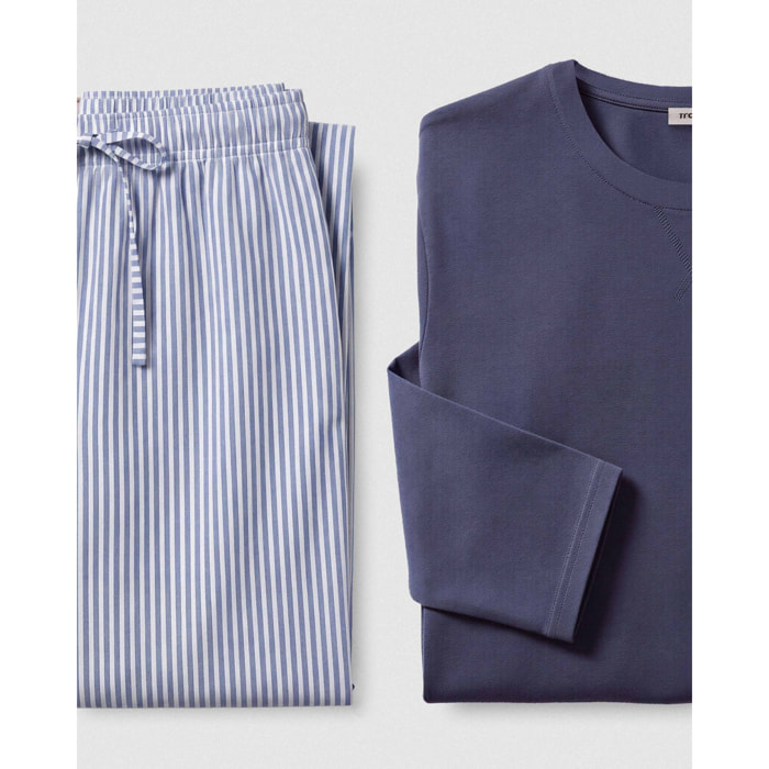 Pigiama lungo in cotone a righe oxford blu