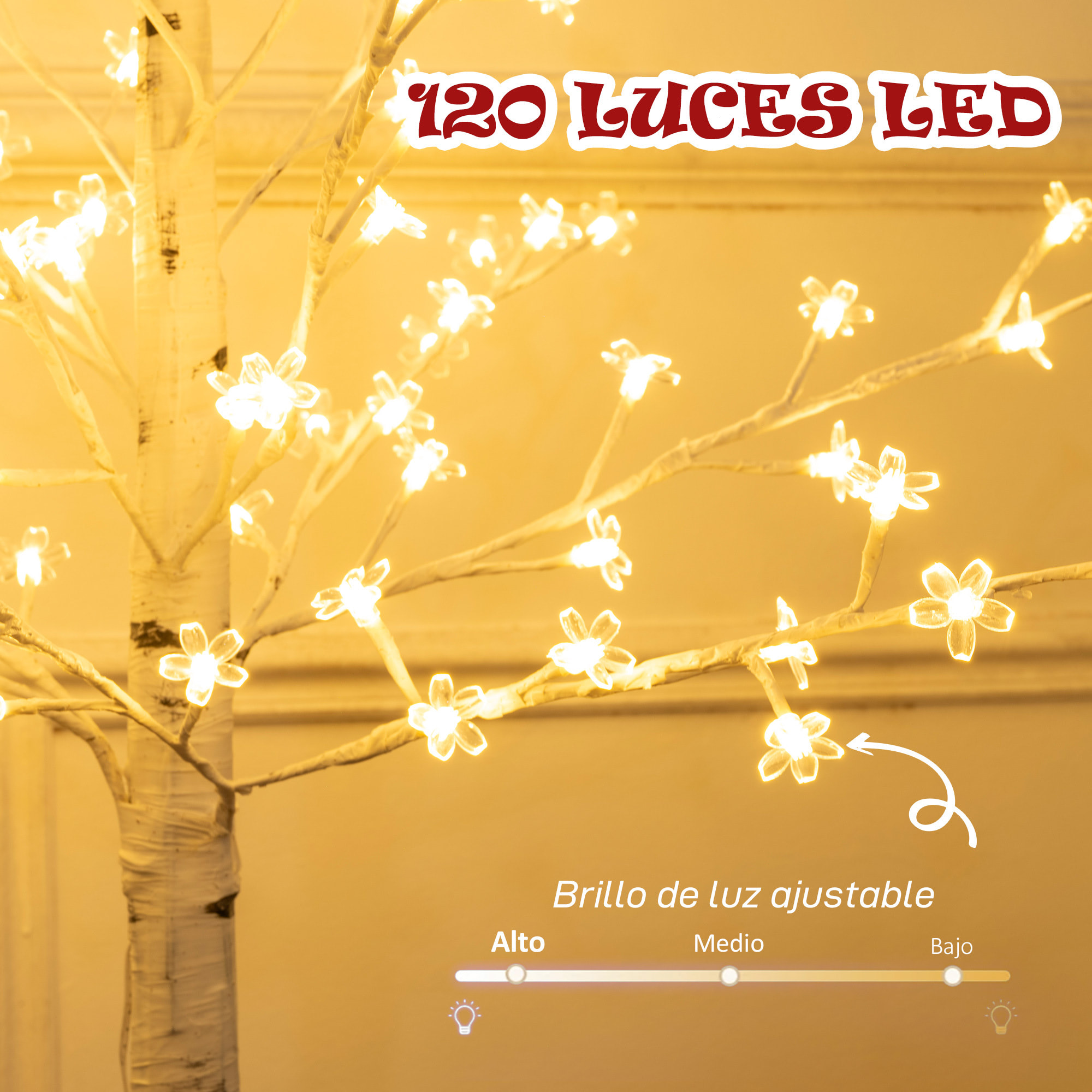 Árbol de Cerezo Artificial 150 cm, Lámpara de Árbol con 120 Luces LED Blanco Cálido, Base, Luz Ajustable en 3 Modos, Decoración Navidad para Interiores y Exteriores, Blanco