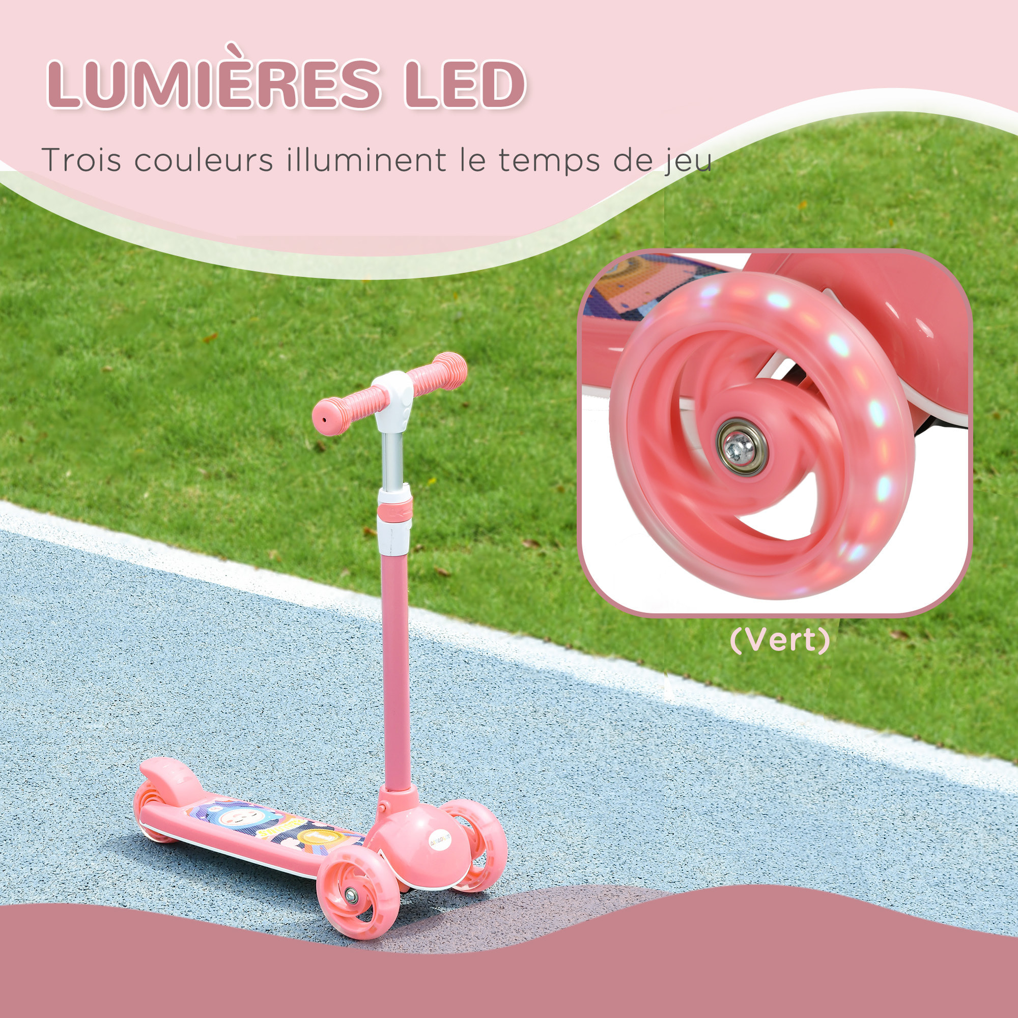 Trottinette pour enfants trottinette 3 roues lumineuses LED hauteur guidon réglable  frein à friction arrière rose