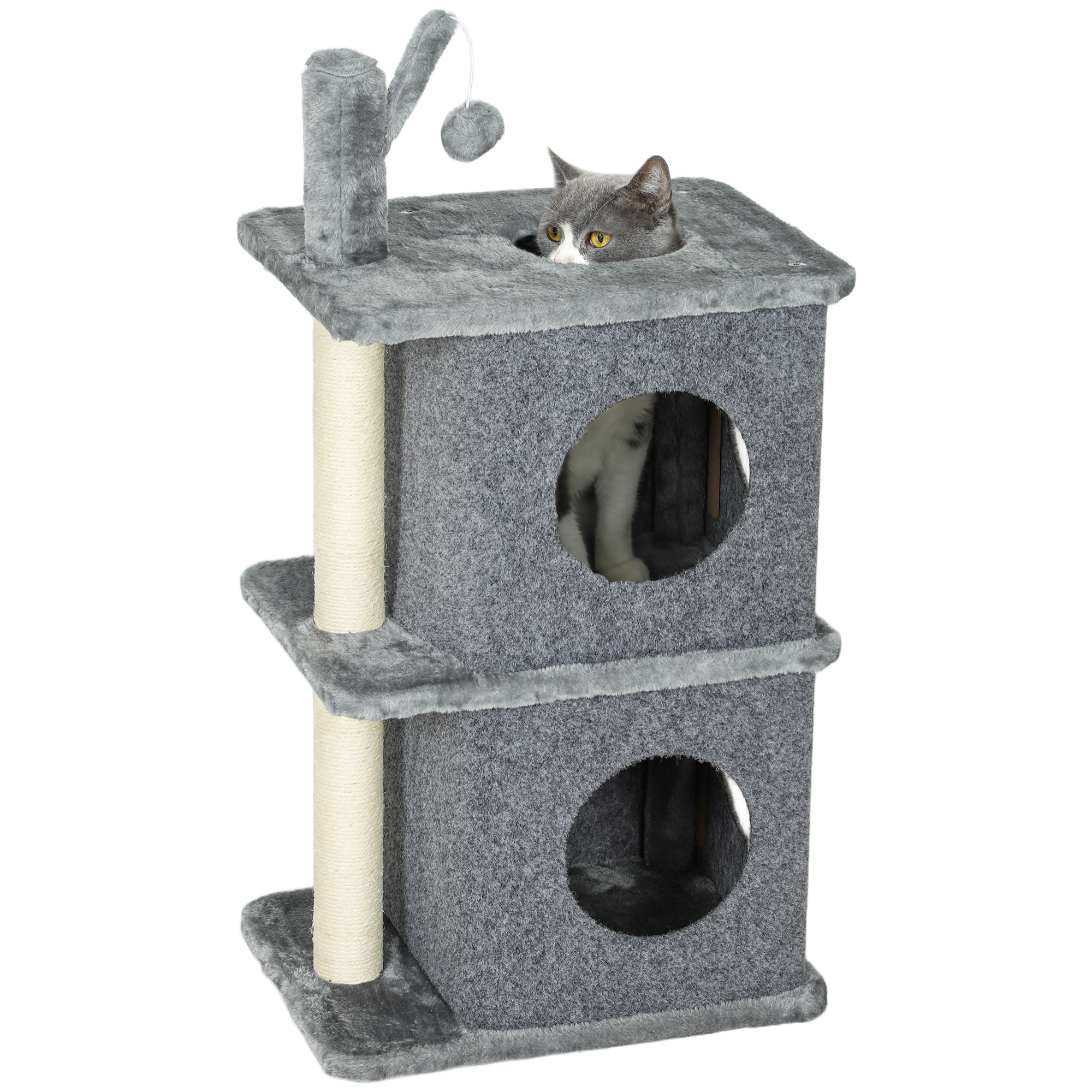 Arbre à chat à 3 niveaux hauteur 80 cm, tour pour chat avec 2 niches et surface de repos confortable, balle amovible, poteau en sisal et peluche douce, pour animal 5 kg, gris foncé