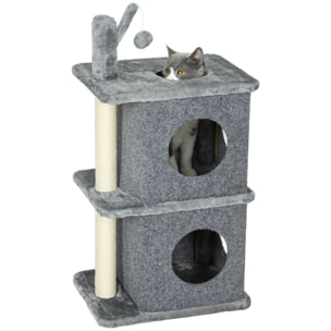 Arbre à chat à 3 niveaux hauteur 80 cm, tour pour chat avec 2 niches et surface de repos confortable, balle amovible, poteau en sisal et peluche douce, pour animal 5 kg, gris foncé