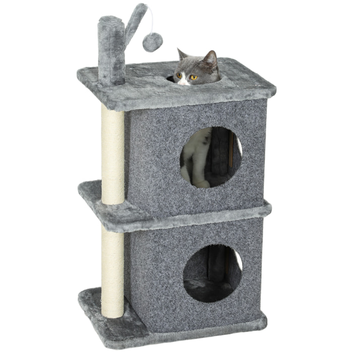 Arbre à chat à 3 niveaux hauteur 80 cm, tour pour chat avec 2 niches et surface de repos confortable, balle amovible, poteau en sisal et peluche douce, pour animal 5 kg, gris foncé