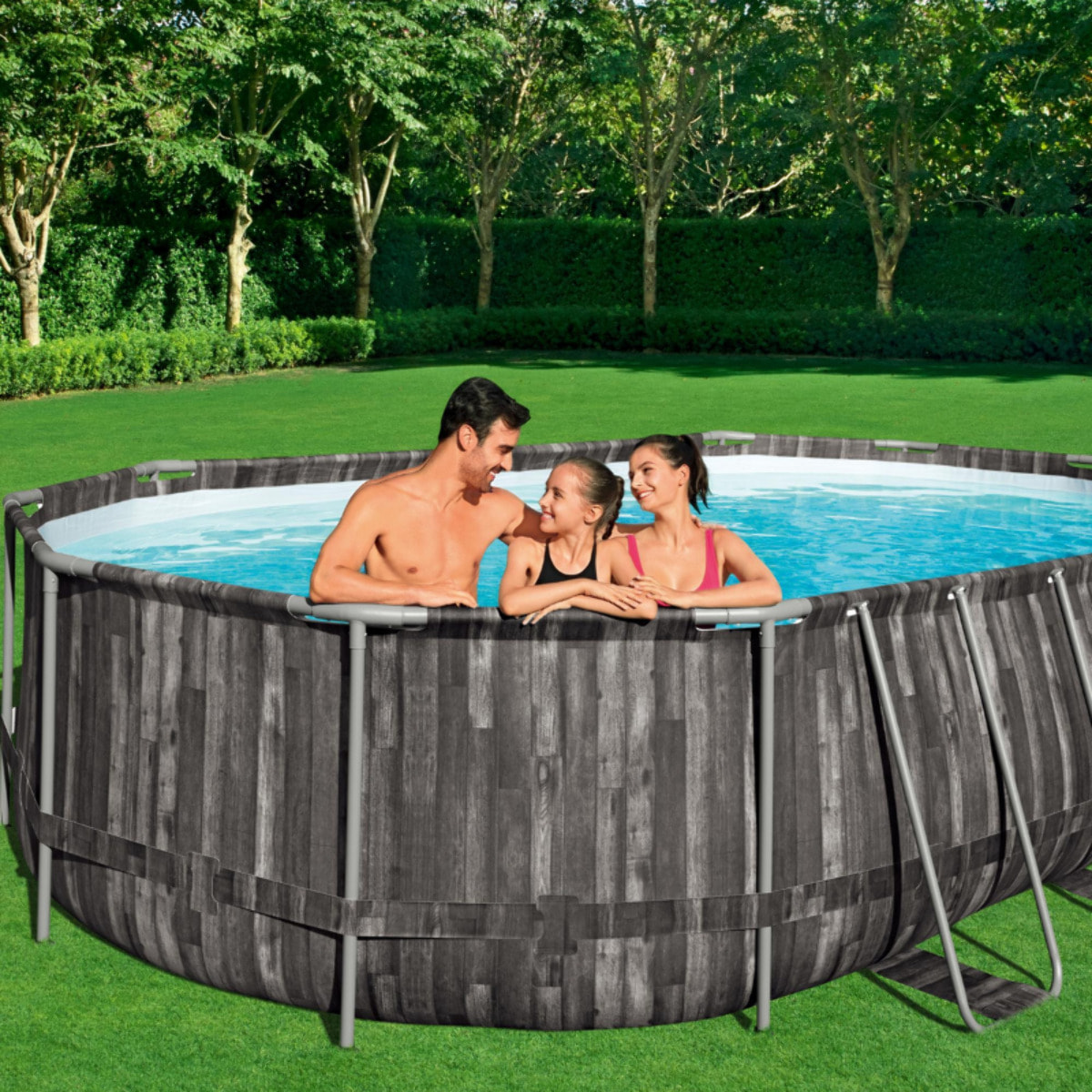 Bestway Piscine hors sol tubulaire ovale Bestway Power Steel 610 x 366 x 122 cm décor bois
