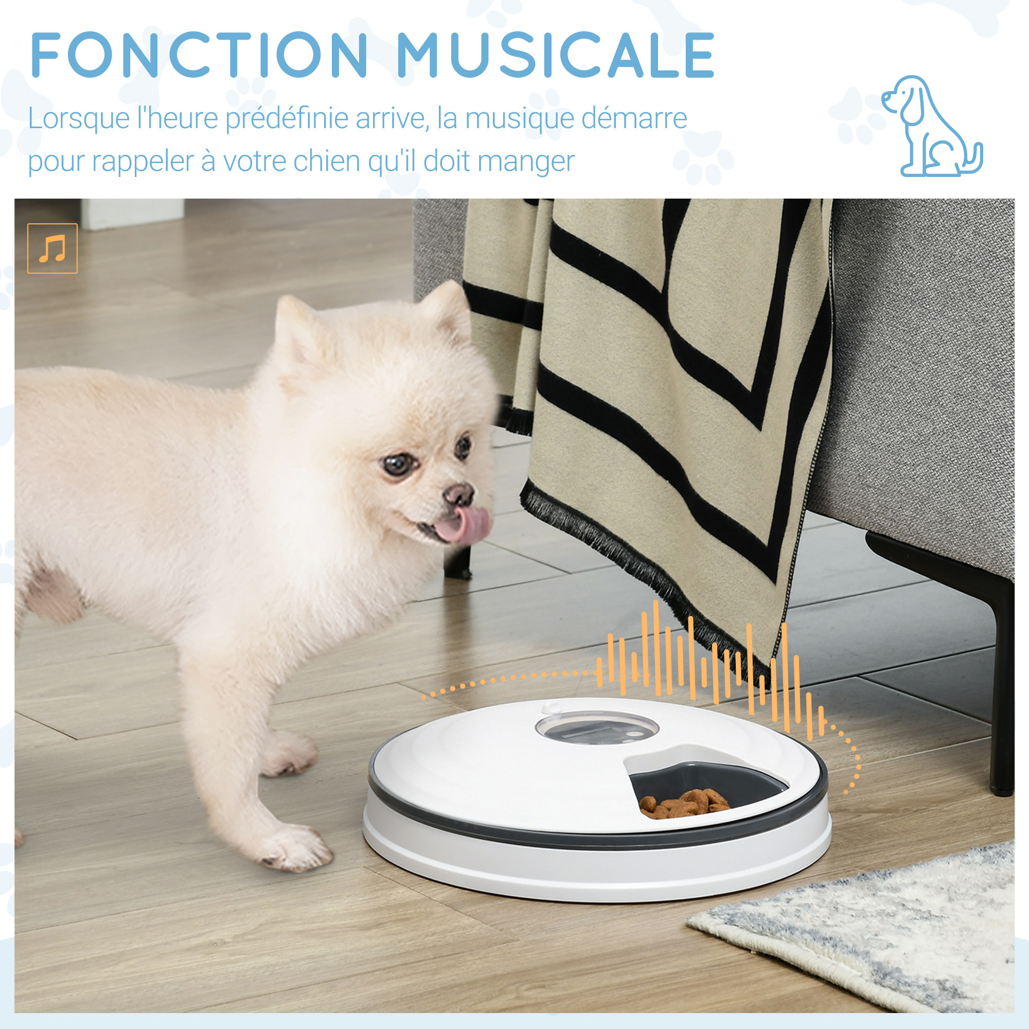 Distributeur de nourriture chat chien - distributeur automatique programmable - 6 compartiments - écran LED - fonction musicale intégrée - ABS gris blanc