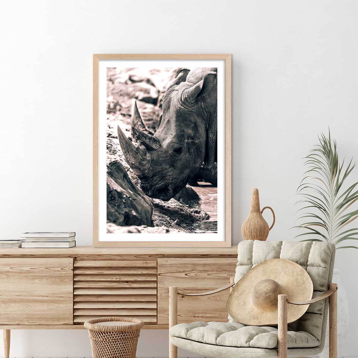 Affiche rhinoceros Affiche + cadre en bois - Chêne