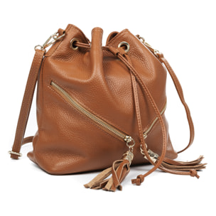 Arzene borsa a tracolla in pelle autentica dollaro. Design fresco arricciato e frange sul davanti