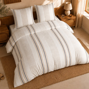 Parure housse de couette 100% percale de coton rayures verticales beige - TRANDY