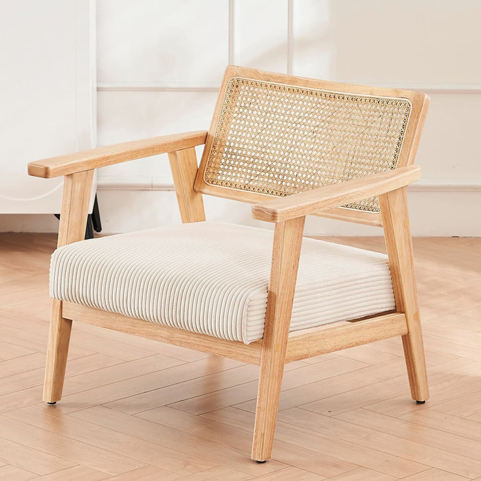 Fauteuil en velours côtelé et cannage - TIM