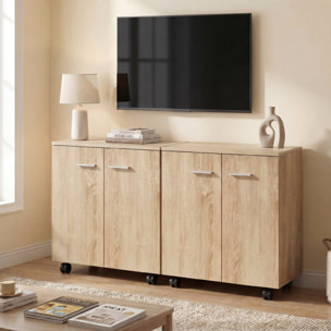 Aparador con Ruedas, Aparador de Salón con 2 Puertas y Estantes, para Sala de Estar, Dormitorio, Oficina, 60x35x65 cm, Natural