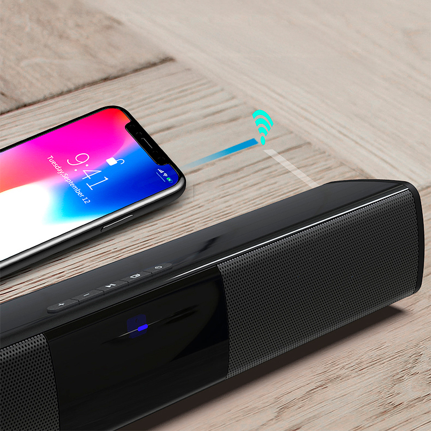 Soundbar 2.0 BS-28A. Bluetooth 4.2, ingresso USB, ausiliario, Micro SD e radio FM. Batteria integrata da 2000mAh.