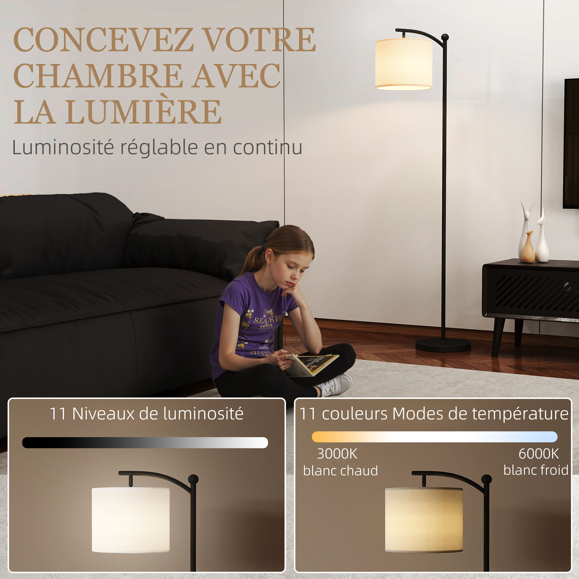 Lampadaire dimmable H.60 cm 2 températures de couleur timer 60 min télécommande noir blanc