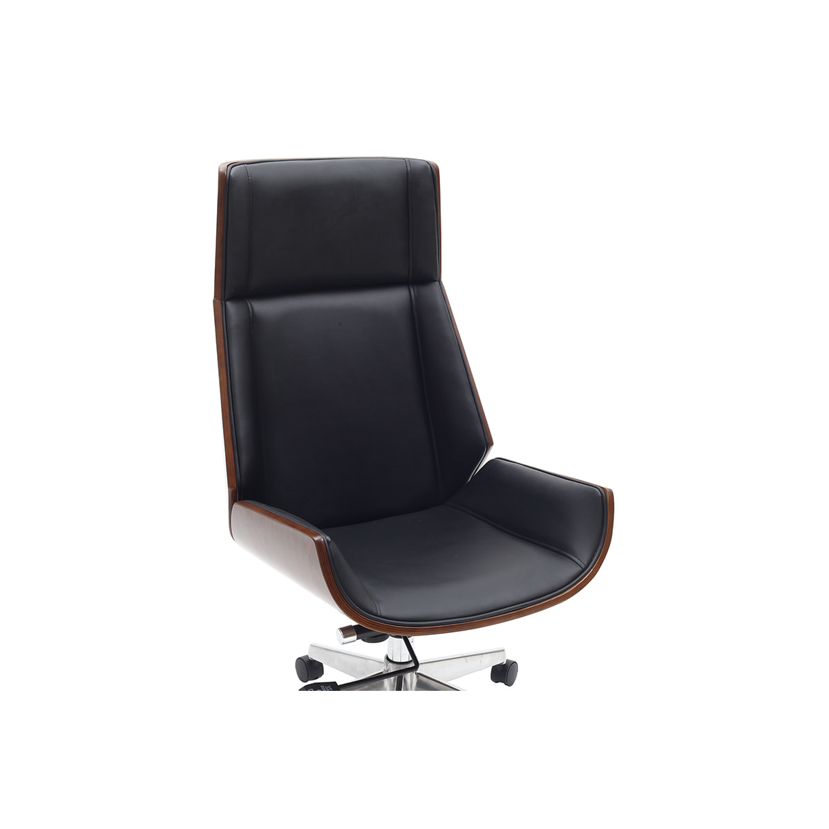 Fauteuil de bureau de direction design noir, bois foncé noyer et acier chromé CURVED