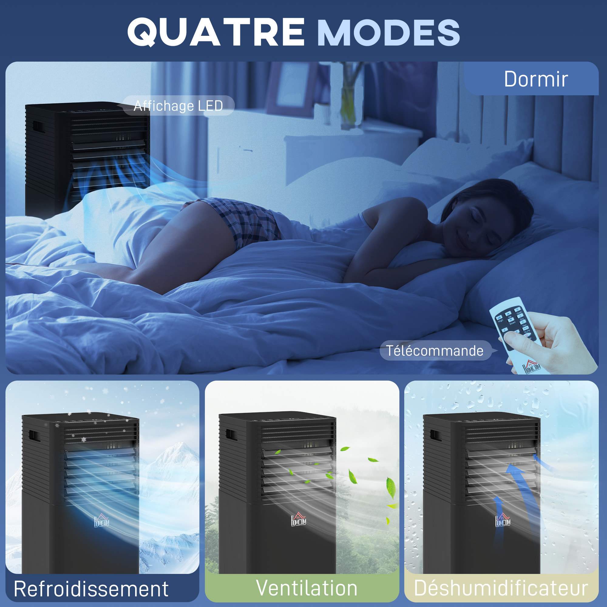 Climatiseur déshumidificateur ventilateur 3 en 1 mobile - 7000 BTU  - télécommande kit installation inclus - noir
