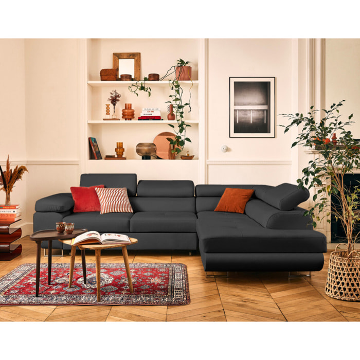 Zaria - canapé d'angle droit 5 places convertible avec coffre et têtières en simili - Gris Anthracite