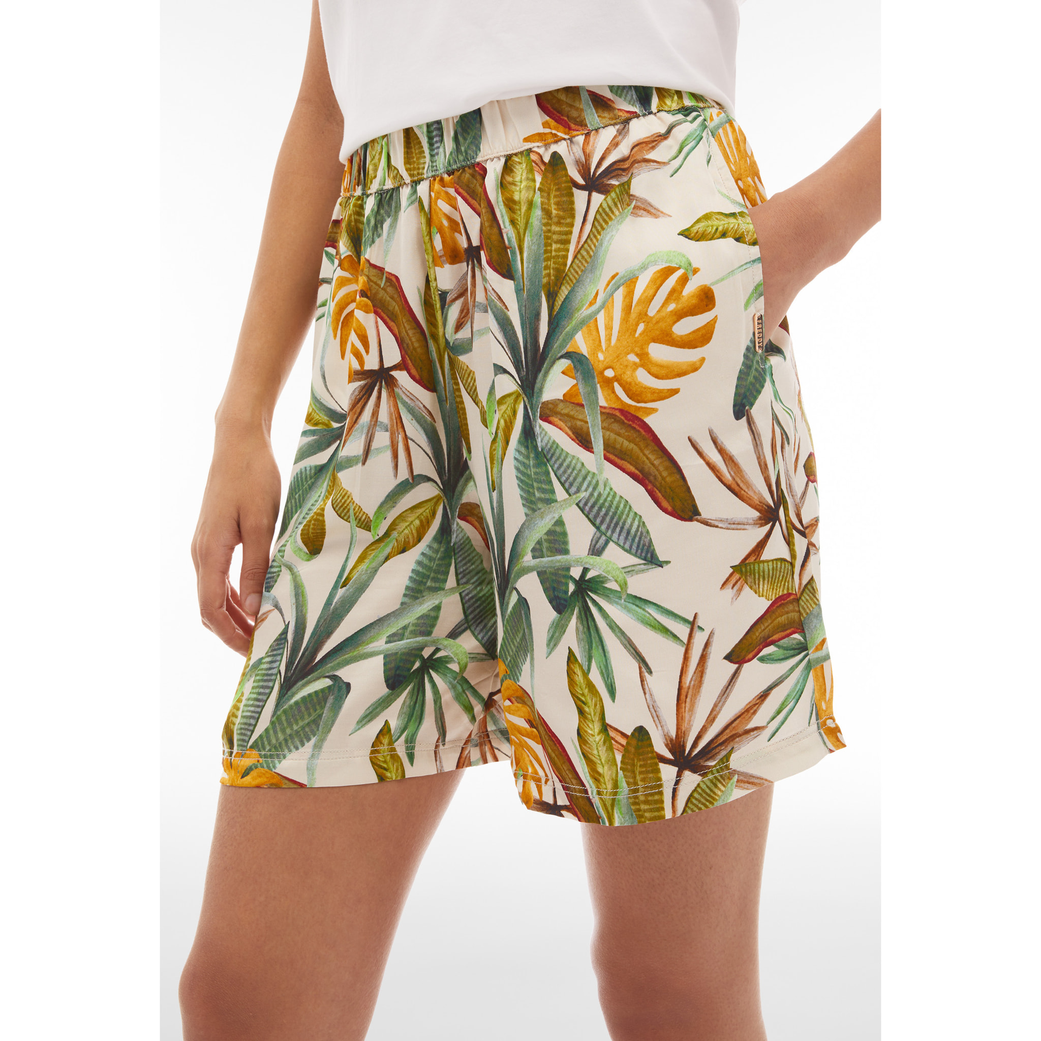 Pantaloncini donna in satin di viscosa a fantasia tropical