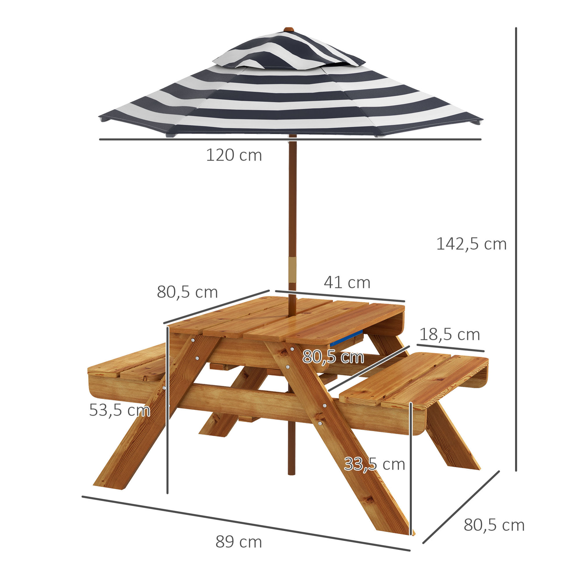 Mesa de Picnic para Niños de Madera Mesa y 2 Bancos Infantiles con Sombrilla y Arenero para Jardín Patio 89x80,5x142,5 cm Teca