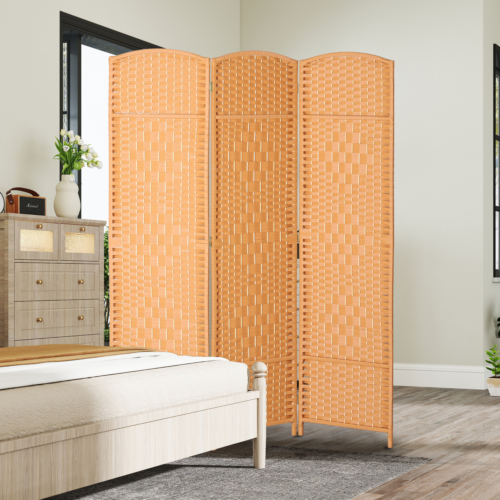 Paravent intérieur 3 panneaux pliables en bois séparateur de pièce style bohème tissé orangé