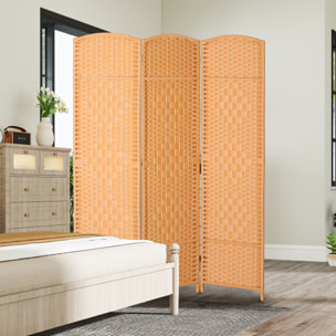 Paravent intérieur 3 panneaux pliables en bois séparateur de pièce style bohème tissé orangé