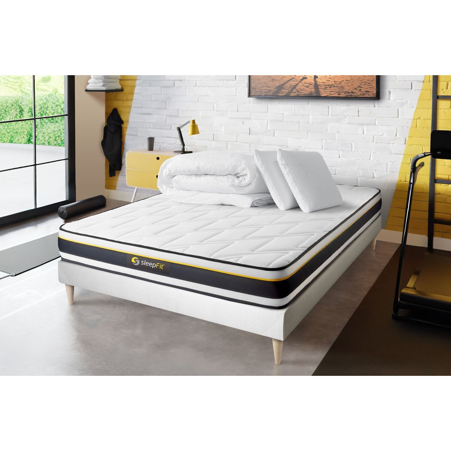 Pack cama completa - Colchón Espuma - Kit de base de cama - Blanco -  con 2 almohadas y 1 edredón